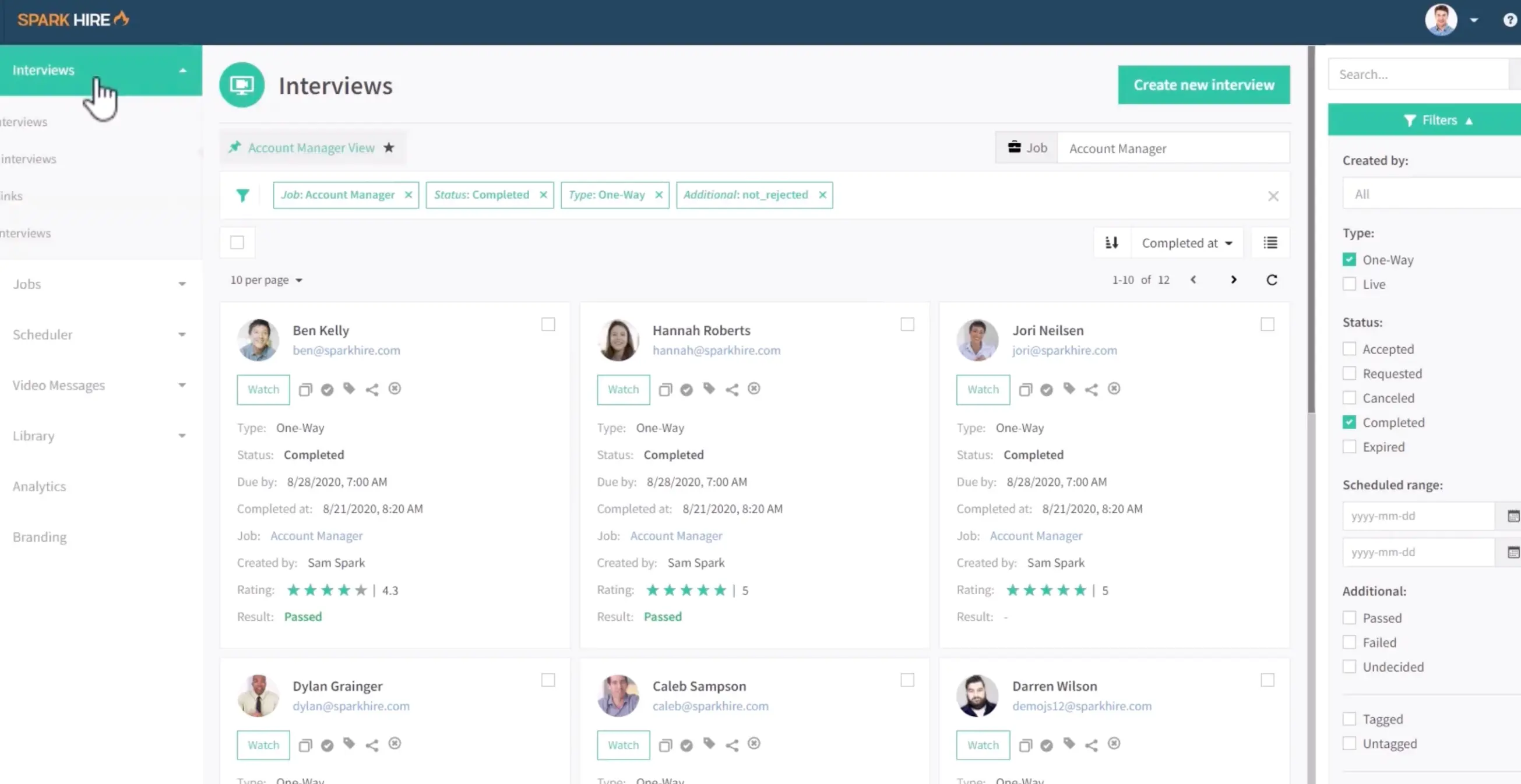SparkHire Dashboard Interface