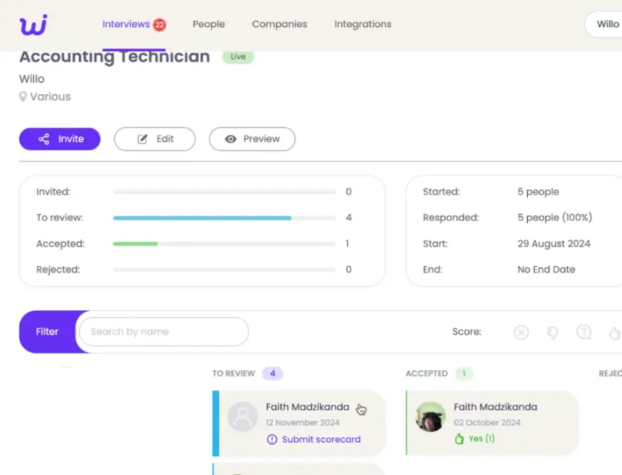 Willo Dashboard Interface