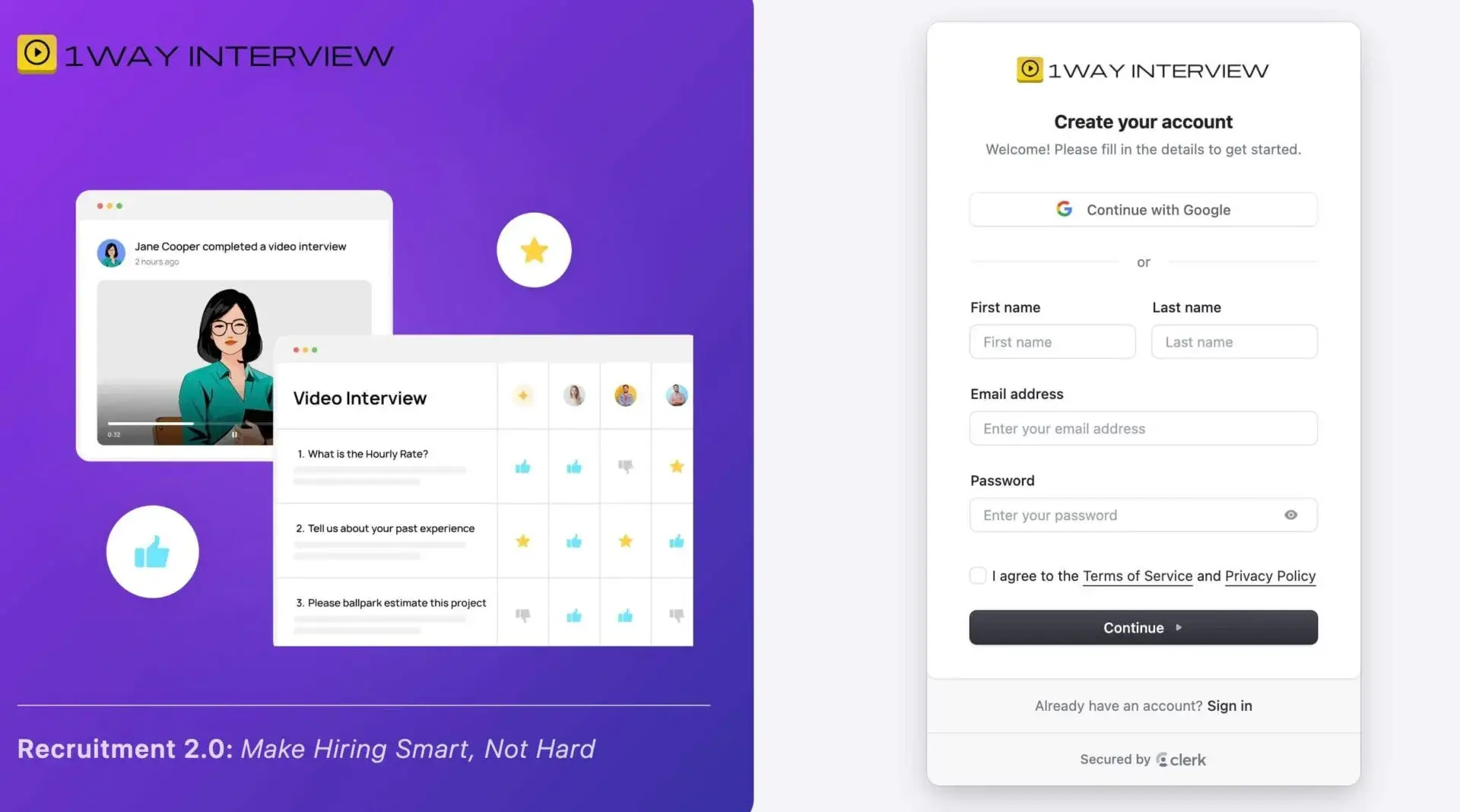 Screenshot of 1Way Interview Sign up Page